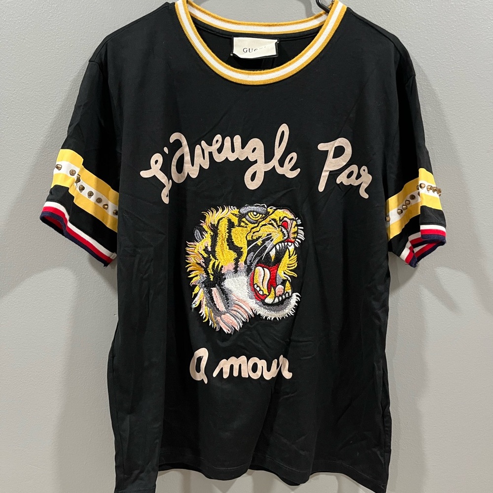 Gucci Black Tee with Tiger and Yellow Accents
